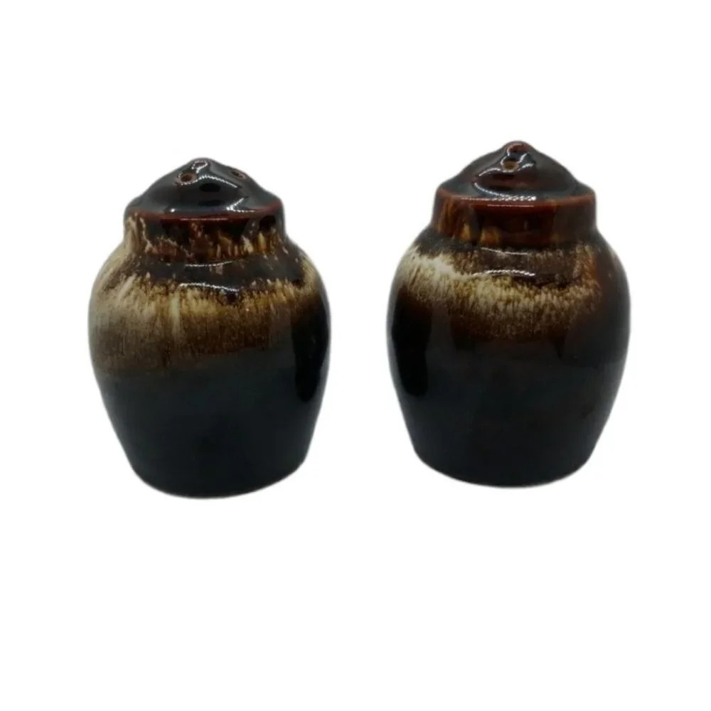 Salt Pepper Shakers Brown Cream Drip Glaze Vintage